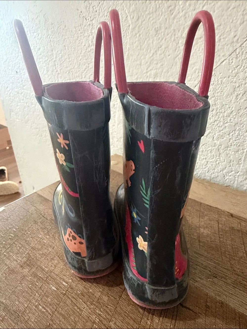 Kids Black Rain Boots with Colorful Dinosaur Print and Pink Trim
